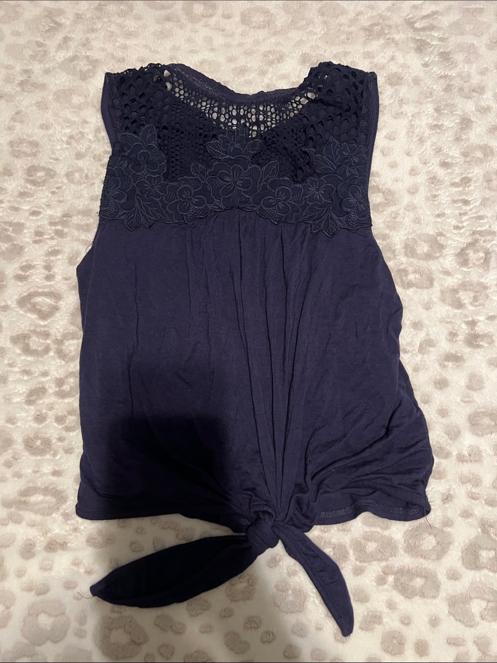 Jolt Navy Crochet Yoke Tie-Front Tank